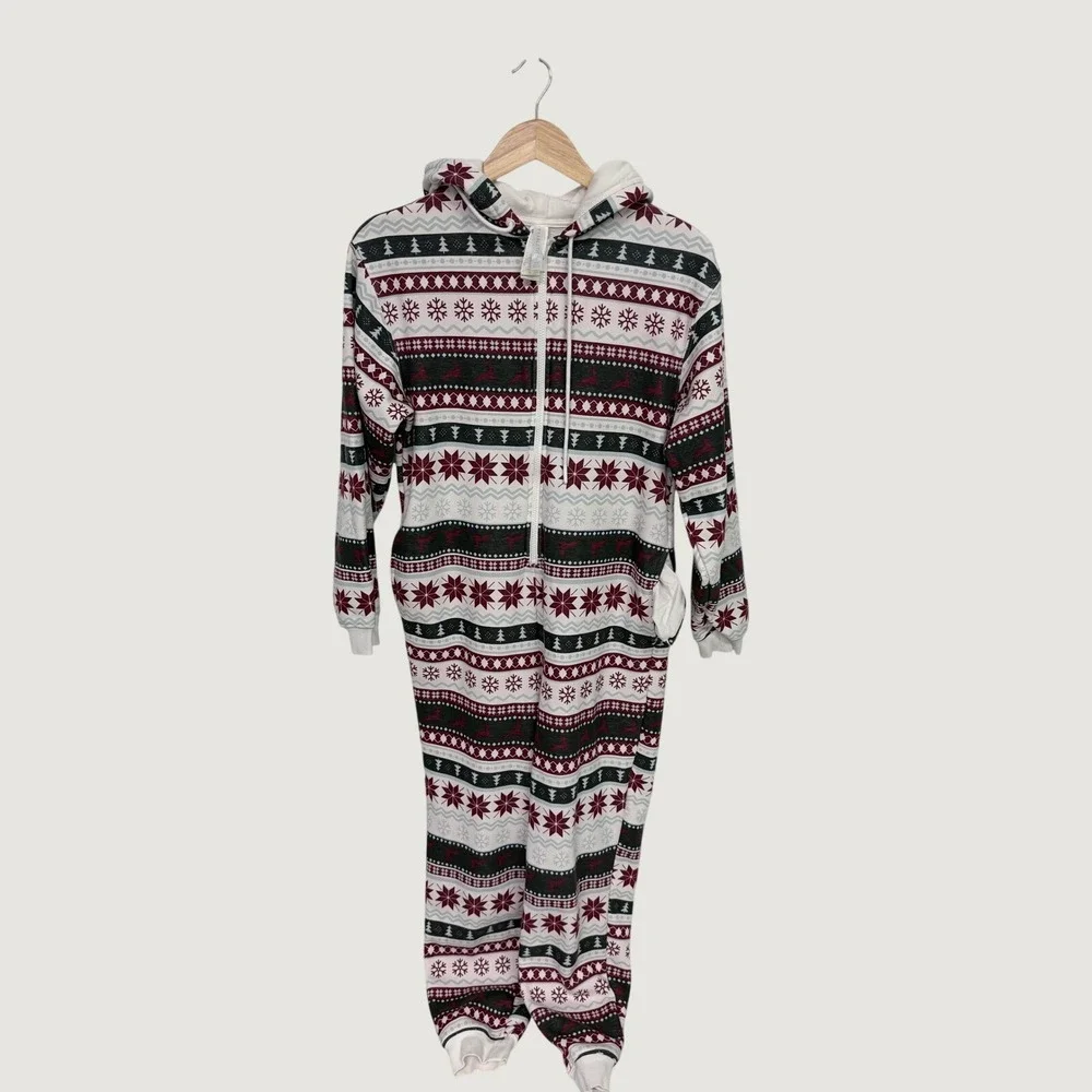 Fabletics Fair Isle Hooded Pajama Jumpsuit Red White Grey Snowflake XS ON2353110